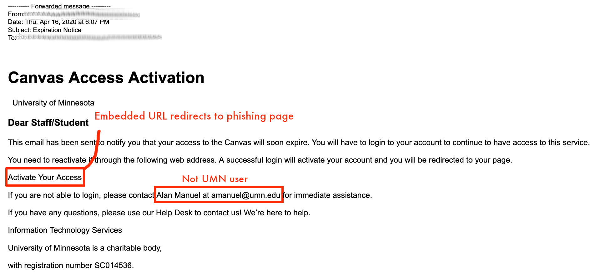 A screenshot of the phishing email message for Canvas