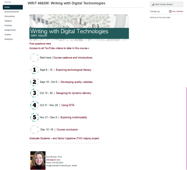 Landing page for Writing with Digital Technologies Canvas course site