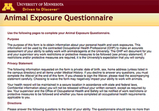 Animal Exposure Questionnaire introduction screen