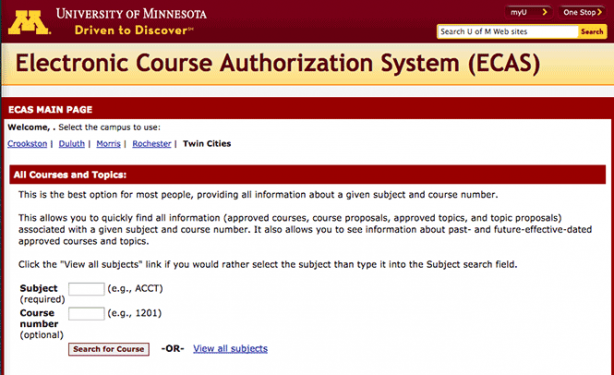 Electronic Course Authorization System (ECAS) home page