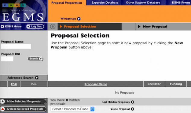Electronic Grants Management System (EGMS) Proposal Selection screen