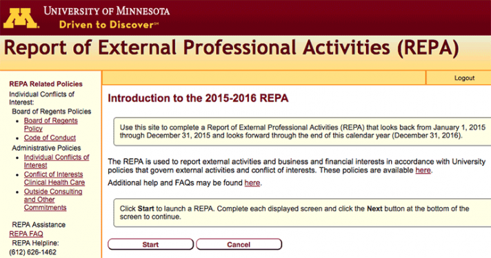 Report of External Professional Activities (REPA) home page