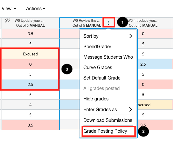 1. next to vertical three dots 2. Next to "grade posting policy" 3. colors highlighted in gradebook