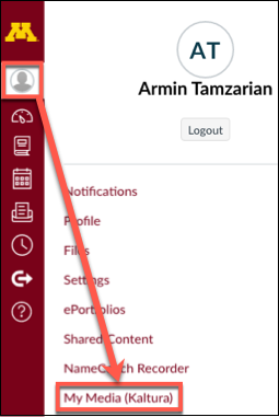 Canvas Account Menu options with My Media (Kaltura) highlighted