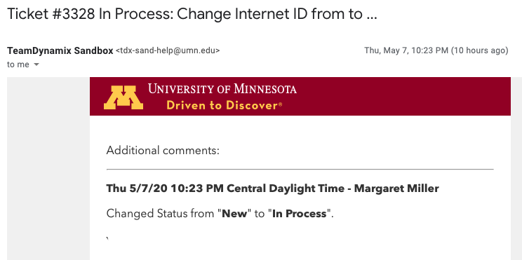 UMN branded banner on email message with a ticket number in the subject line