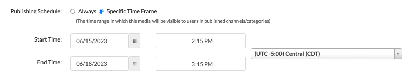 Publishing Schedule settings displaying fields for dates, times, and timezone.