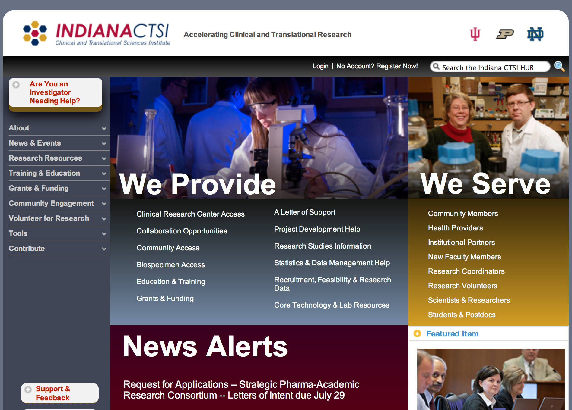 partial screenshot of the Indiana CTSI home page