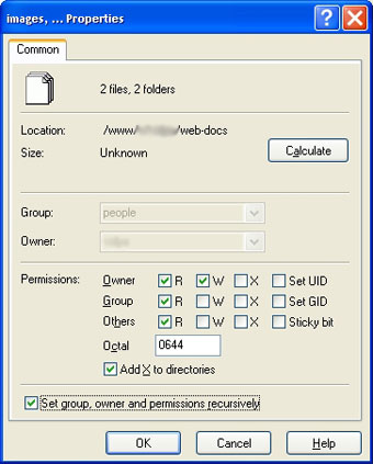 A WinSCP window with the Properties dialog open