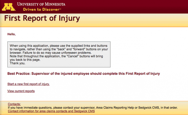 First Report of Injury home page