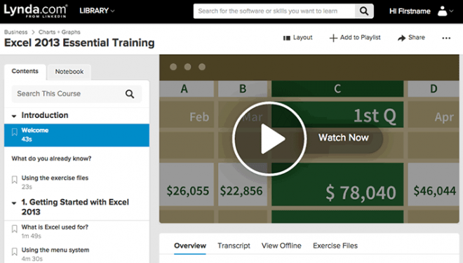 opening screen of Excel 2013 training on lynda.umn.edu