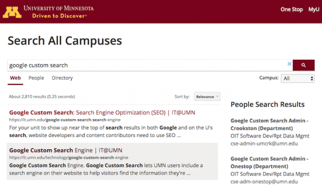 UMN search results page for google custom search