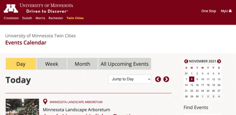 screenshot of the University of Minnesota Events calendar