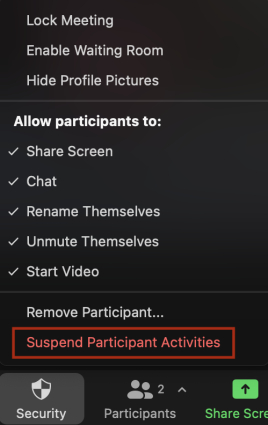 Open Zoom Security menu with Suspend Participant Activities highlighted.