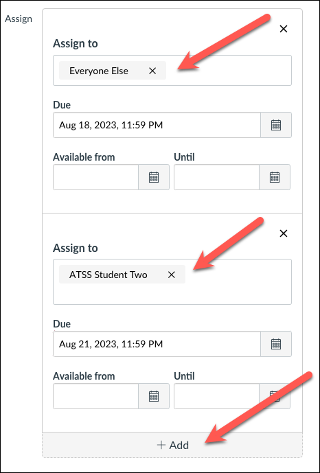 Assign fields in a graded Canvas activity with an Assign to Everyone Else due date and an Assign to 1 specific student due date
