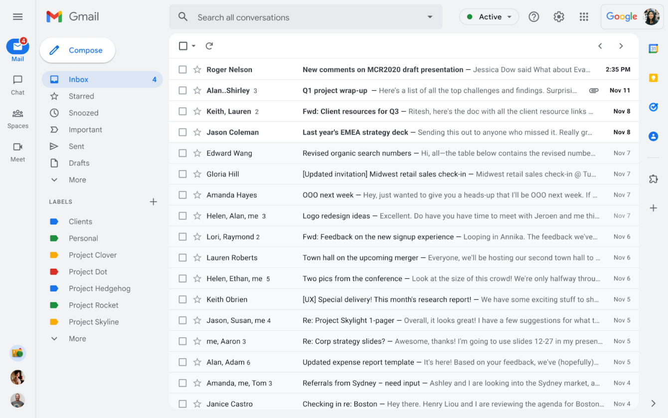 updated Gmail interface illustrates new and improved navigation bar on left-hand side of window
