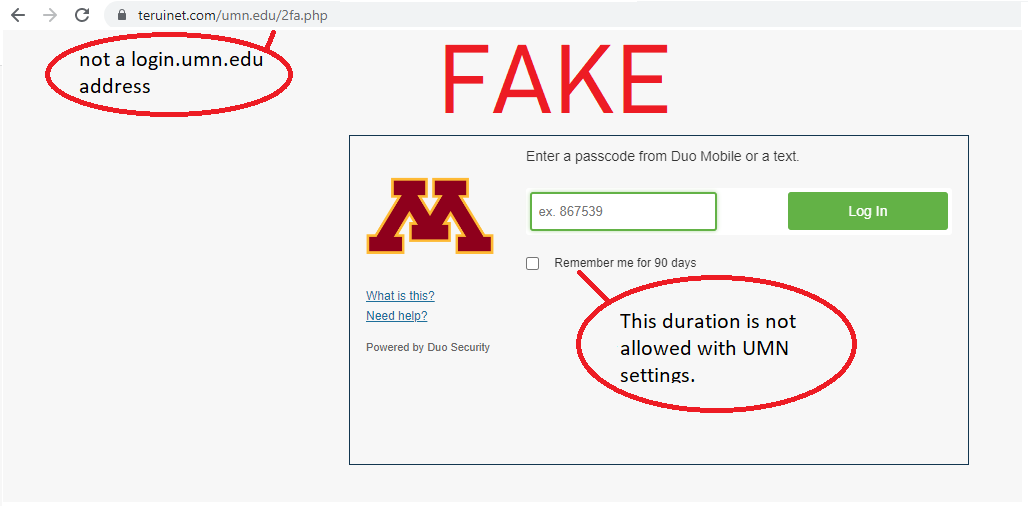 A fake UMN login page with text callouts displaying that the page does not have a University address, is missing the standard search bar that login pages have, and shows which help links on the page may also be broken or lead to other non-UMN pages.