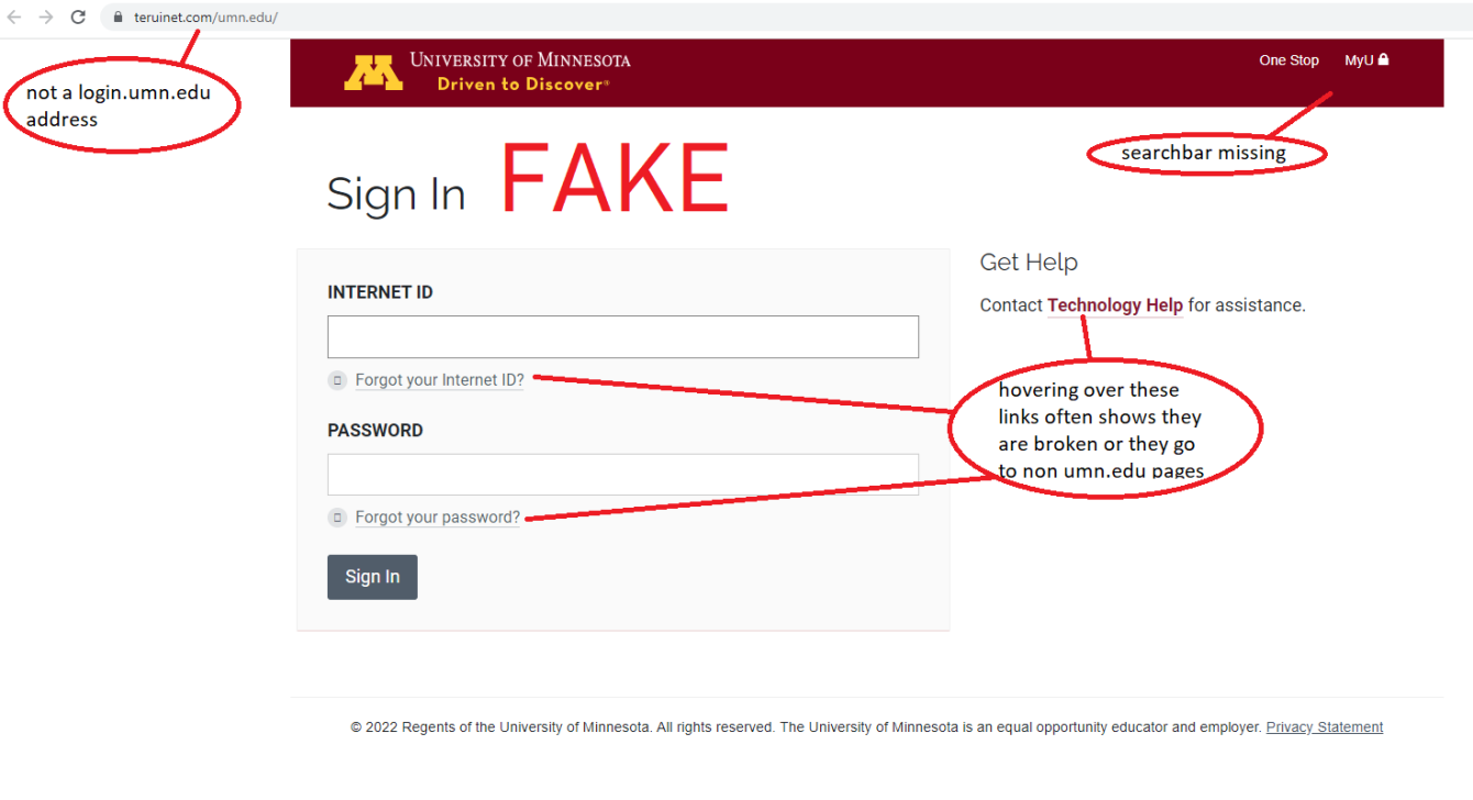 A fake Duo passcode page with text callouts displaying the non-UMN address and that the Duo “Remember me” option has settings not available at the University.