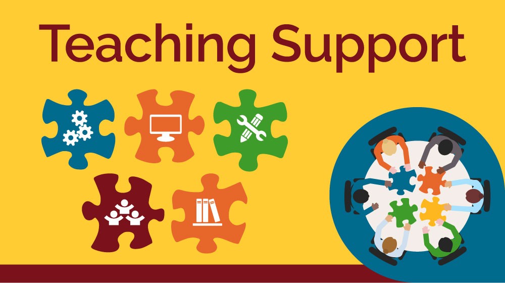 "Teaching Support" 4 people are putting together colorful pieces of a puzzle