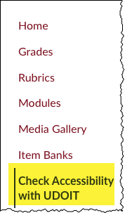 Canvas course menu with "Check Accessibility with UDOIT" highlighted