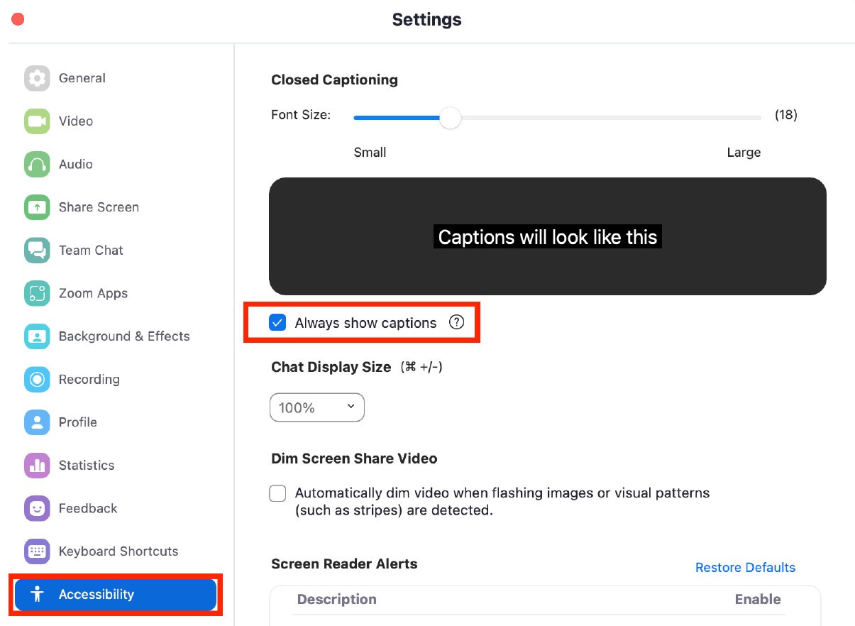 Zoom settings modal window with "Accessibility"and "Always show captions" highlighted in red 