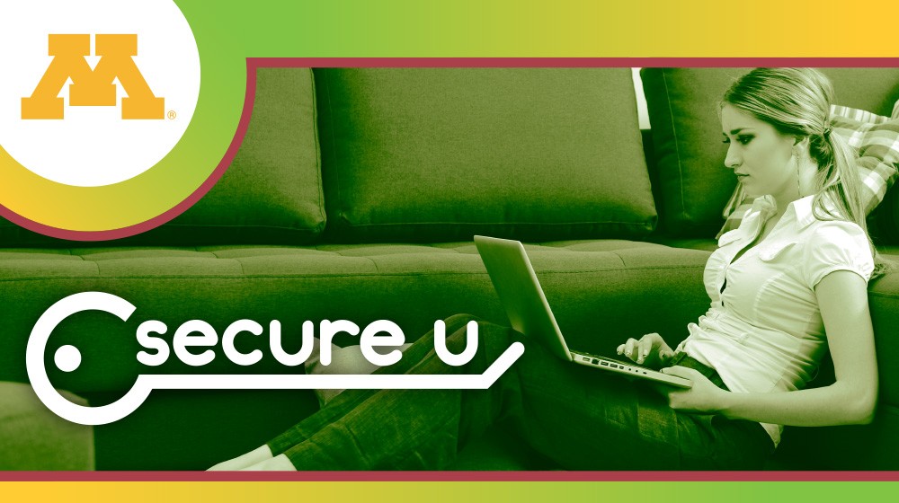 Woman using a laptop computer leaning against a couch with the logo for Secure U overlaid on the image