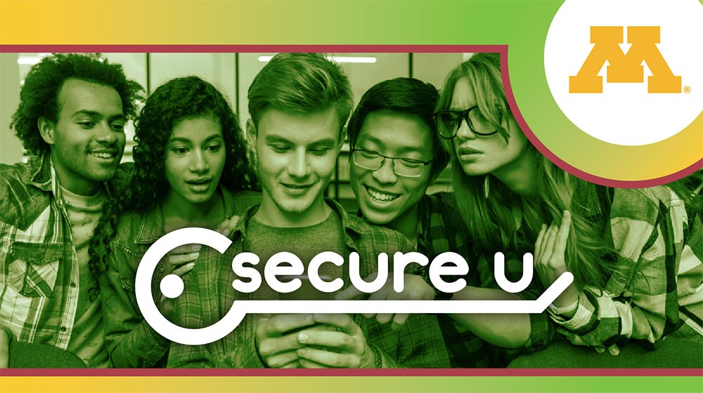 Students looking at a mobile device with Secure U logo graphic overlaid