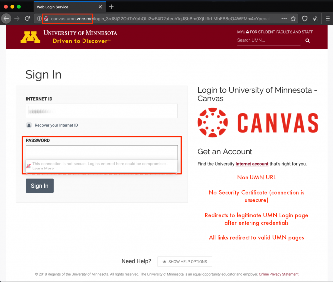 A screenshot of the phishing landing page for Canvas