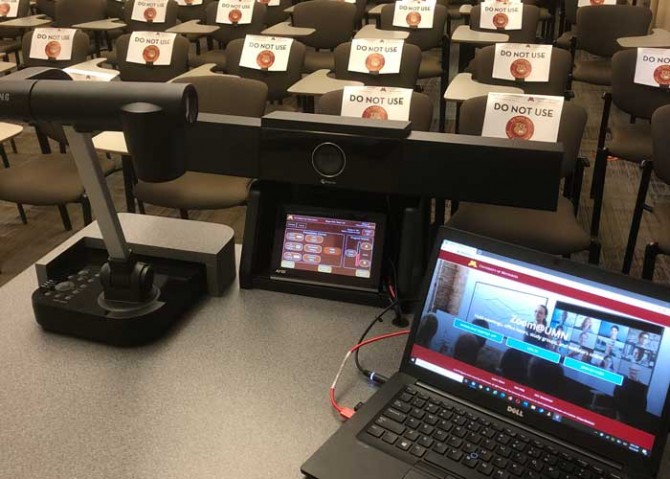 UMN Classroom set up with social distancing and Zoom video conferencing