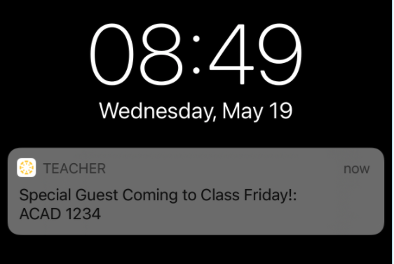 Canvas Teacher App push notification of Special Guest coming to class on Friday