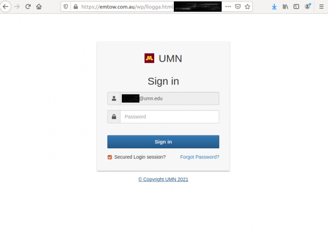 Fake UMN-branded login pop-up