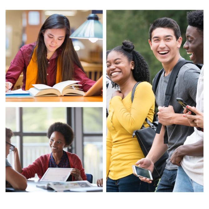 Three panels with happy college students