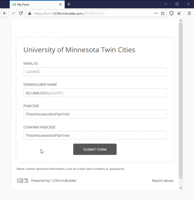 Scam form asking for UMN user name and passcode