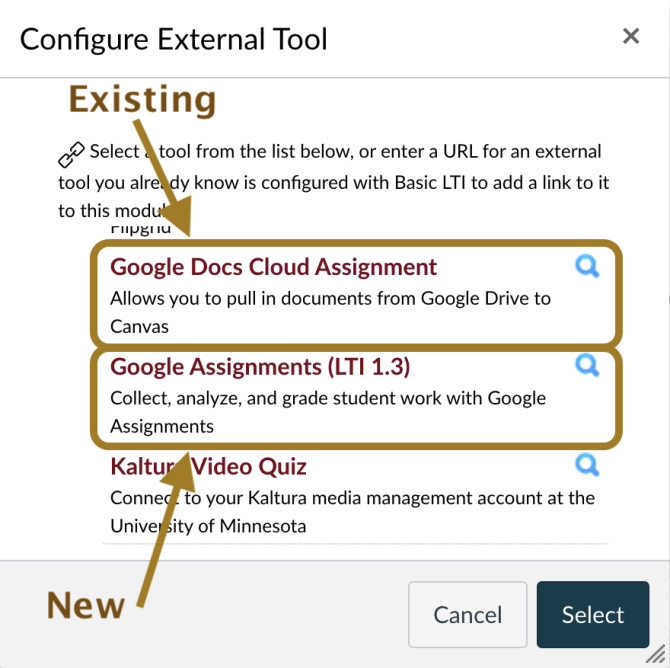 Google LTI options in Canvas; new LTI is called Google Assignments (LTI 1.3); existing LTI is titled Google Docs Cloud Assignment