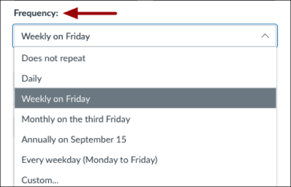 Canvas Calendar event options with the frequency menu open showing that you can repeat an event