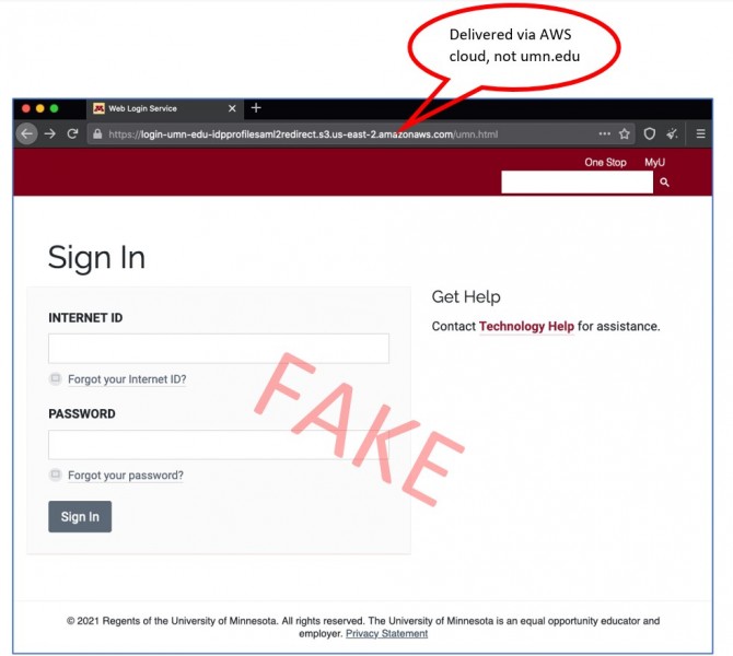 Screenshot of fake UMN login page calling out aws URL and with FAKE across it in red