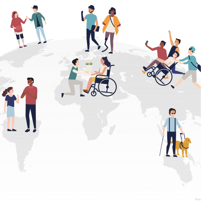 Graphic of diverse people socializing on a section of the globe.
