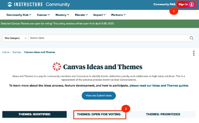 Canvas Ideas and themes web page with "Themes open for voting" highlighted in red