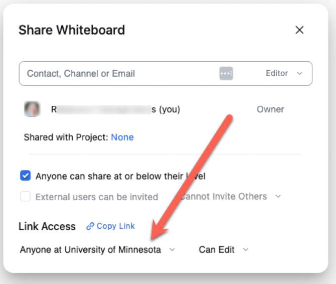Zoom Whiteboard’s Share a Whiteboard options window with the Link access changed to “Anyone at the University of Minnesota