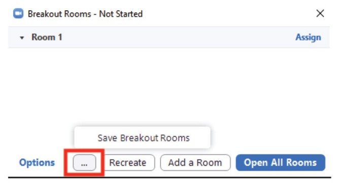 Zoom Modal window for Breakout Rooms. Ellipse in the lower left corner is highlight as the item to select in order to save the breakout room configuration.