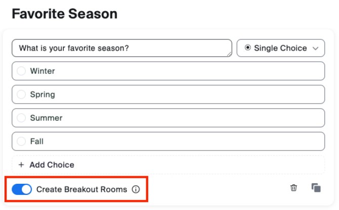 Zoom poll modal window with "Create Breakout Rooms" highlighted