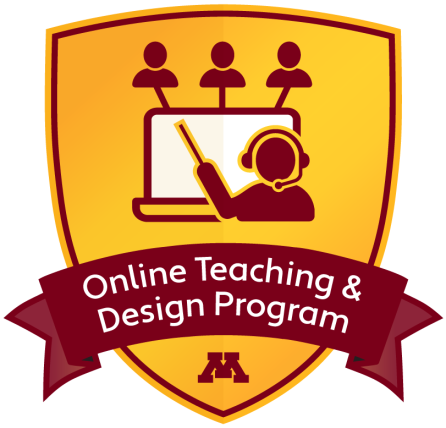 Online Teaching and Design Program: Badge with person wearing a headset points to laptop connected to others