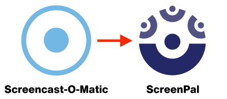 Old Screencast-O-Matic logo on left, red arrow pointing to new ScreenPal logo