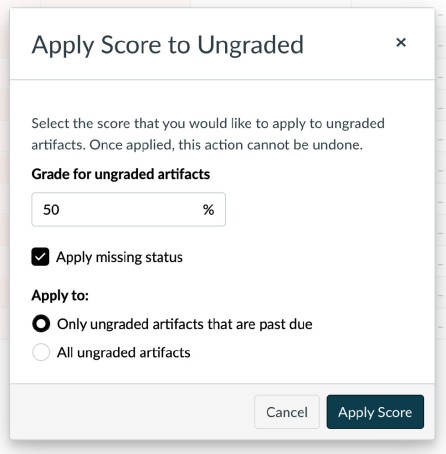 50% is added to "Grade for ungraded submissions." Radial button selected next to "only ungraded artifacts that are past due"