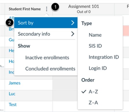 Modal window from Canvas gradebook to sort by student first and last name