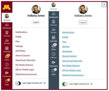Two views of Canvas account menu. Left view has the "Use high contrast" toggle disabled. Right view has the "Use high contrast" toggle enabled.