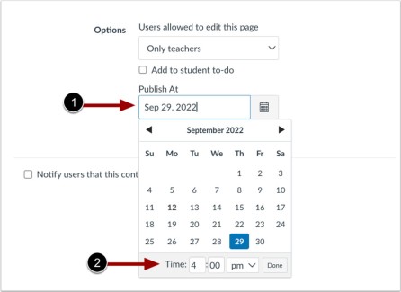 Calendar and date picker to schedule when the page will be published.