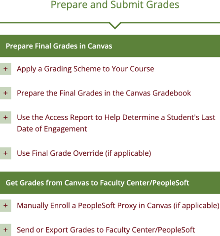 Prepare and Submit Grades Self Help guide with all accordion labels listed and closed