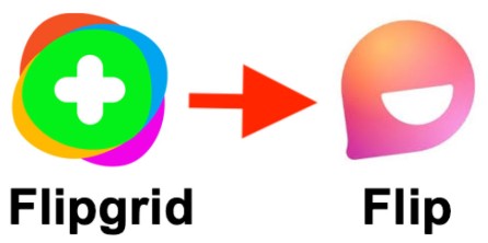 Old Flipgrid logo on left, red arrow pointing  to new Flip logo