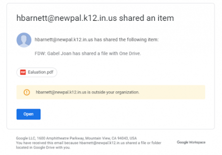 Screenshot of fake Google drive share used in scam email