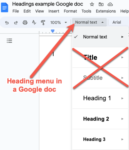 Google doc menu with the Headings menu open. The “Title” and “subtitle” options are crossed in the open menu to remind users to only use the options in this menu titled “Normal Text,” “Heading 1,” “Heading 2,” ect.